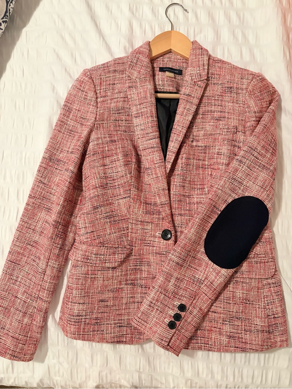 Tommy Hilfiger Pink Tweed Blazer with Navy Elbow Patch